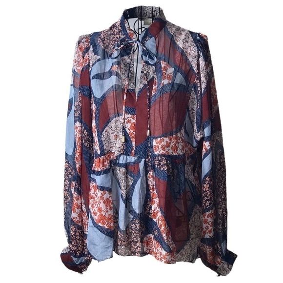 Shoshanna Silk Chiffon Floral Paisley Patchwork Tie Neck Blouse - Picture 3 of 13